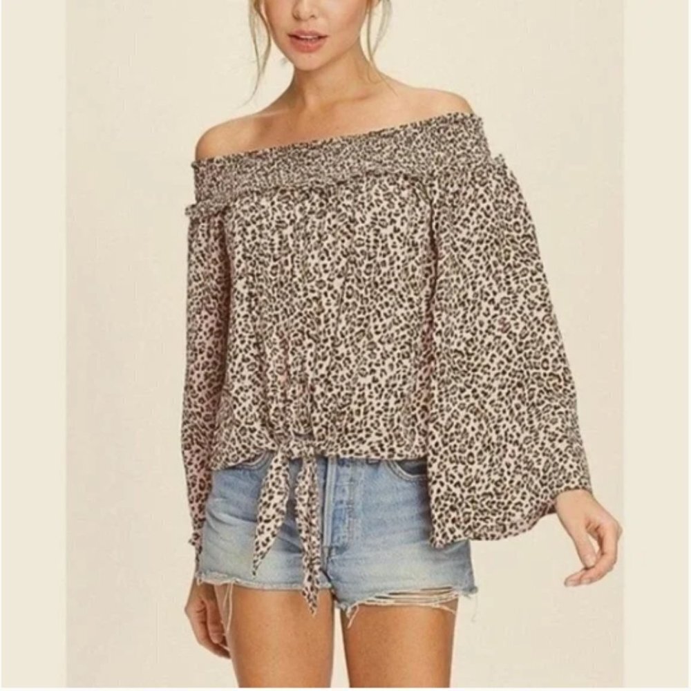 Free People Leopard Print Tie Front Off Shoulder Brown Top New Small